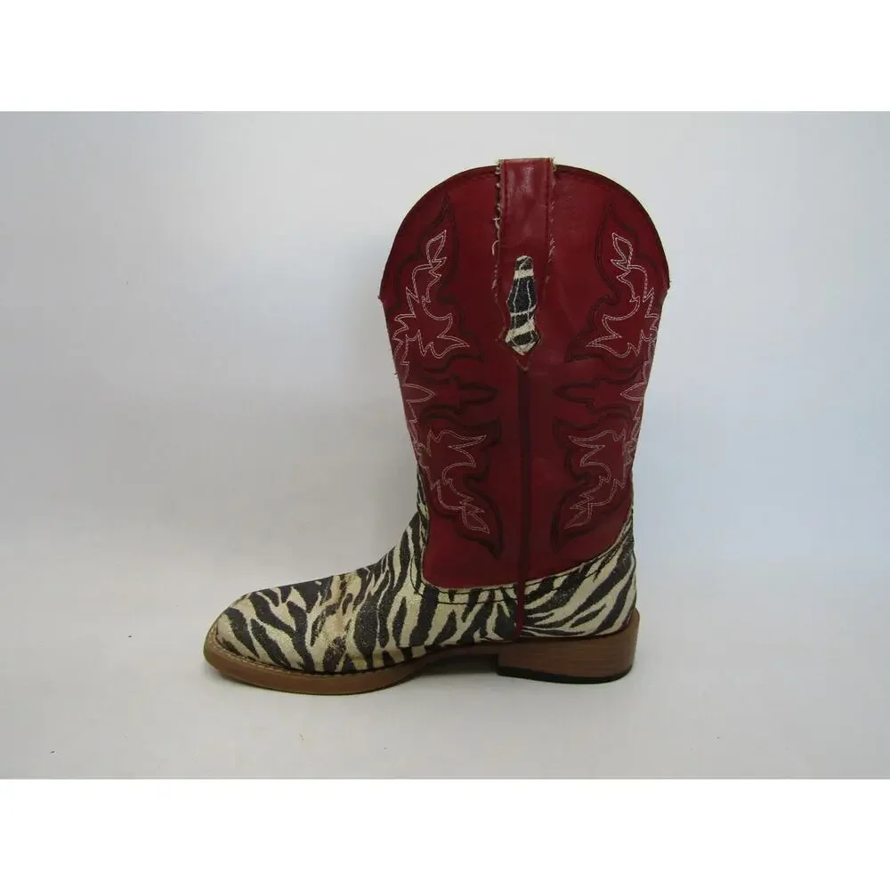 Roper Brand Youth Size 2 M Red Zebra Print Cowboy Western Boots